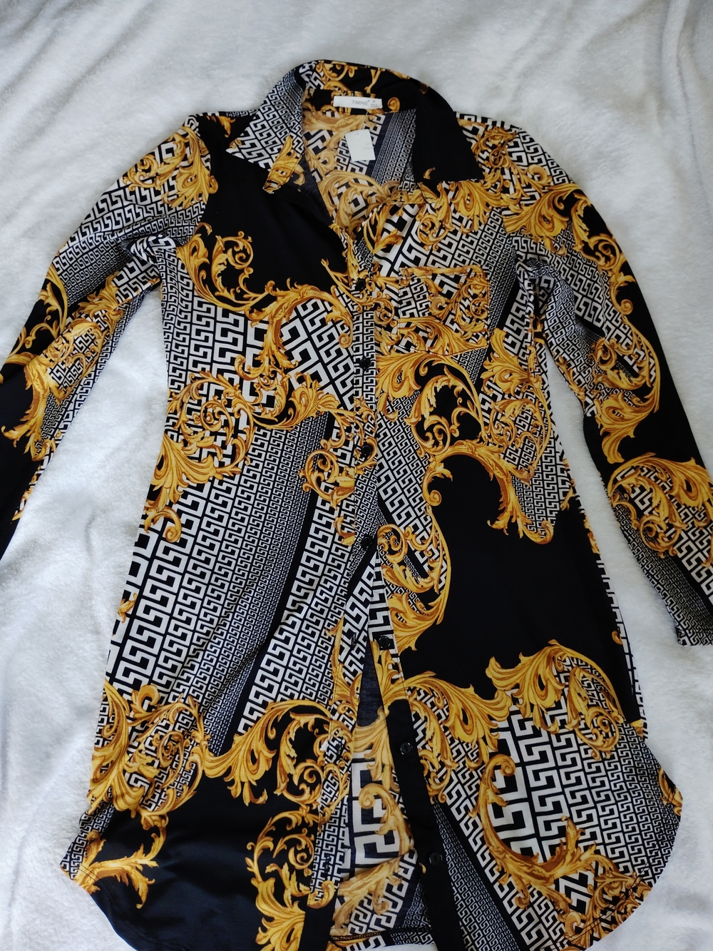 Timing Black and Gold Baroque-Print Button Down Dress Shirt, Long Sleeves